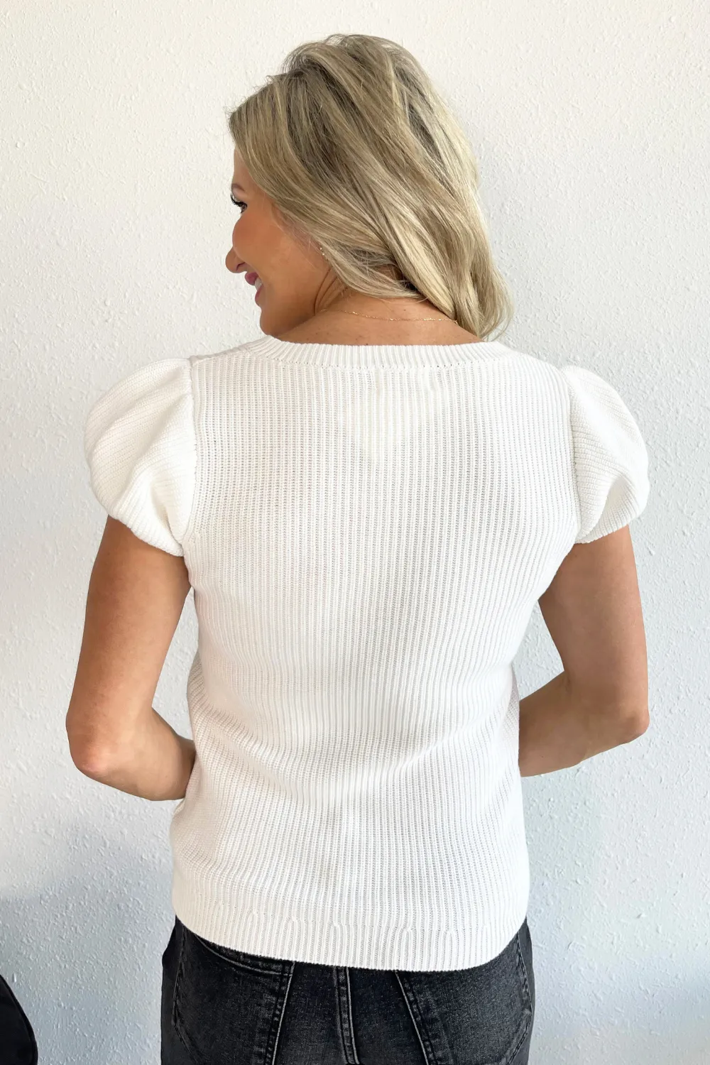 Short Puff Sleeve V-Neck Sweater
