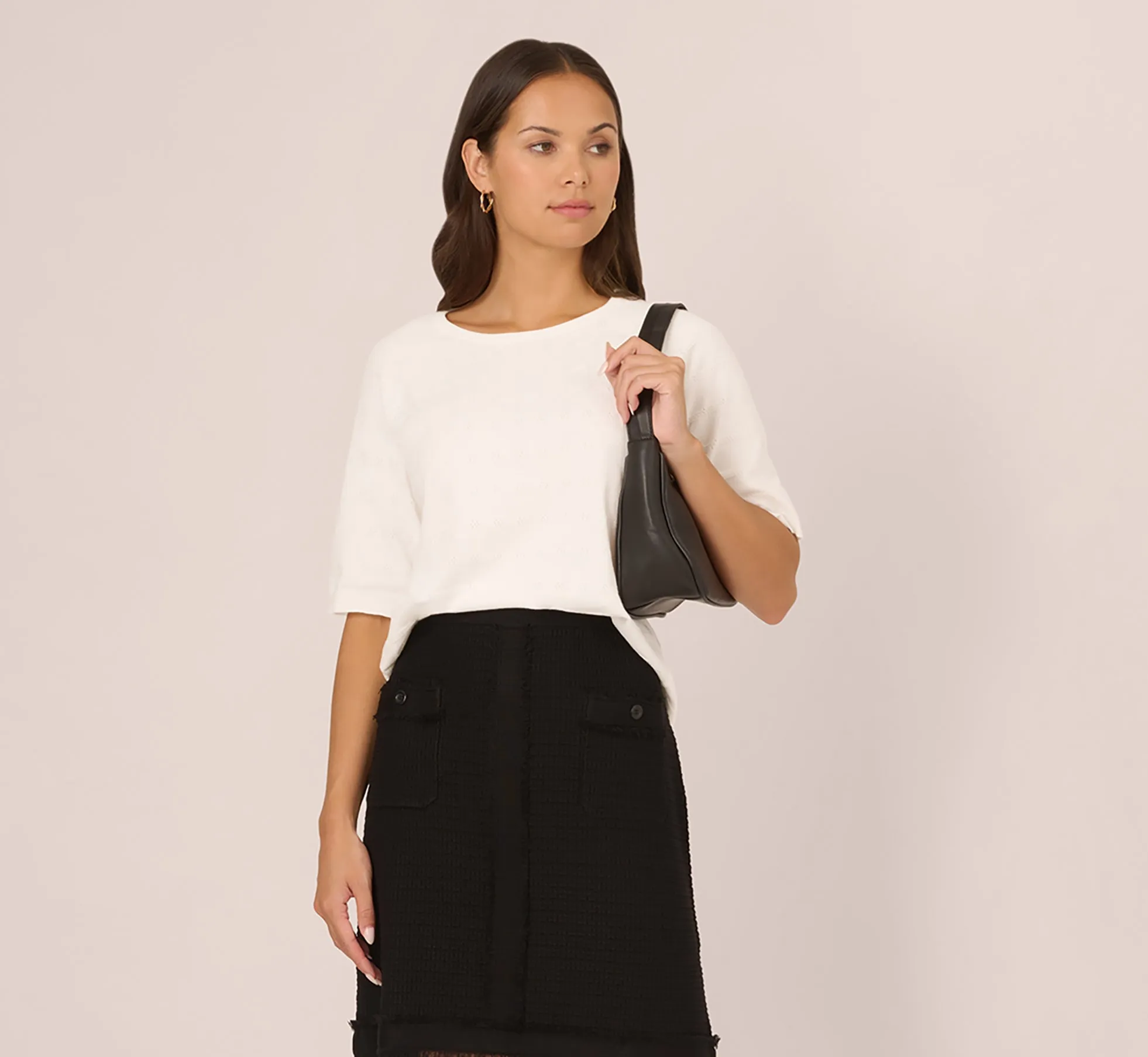 Short Sleeve Pointelle Sweater With Crew Neckline In Ivory