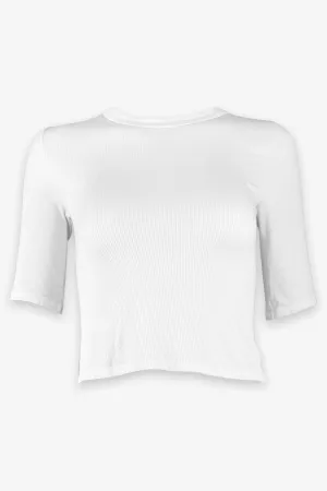 Silk Rib Cropped Half Sleeve Crew in White