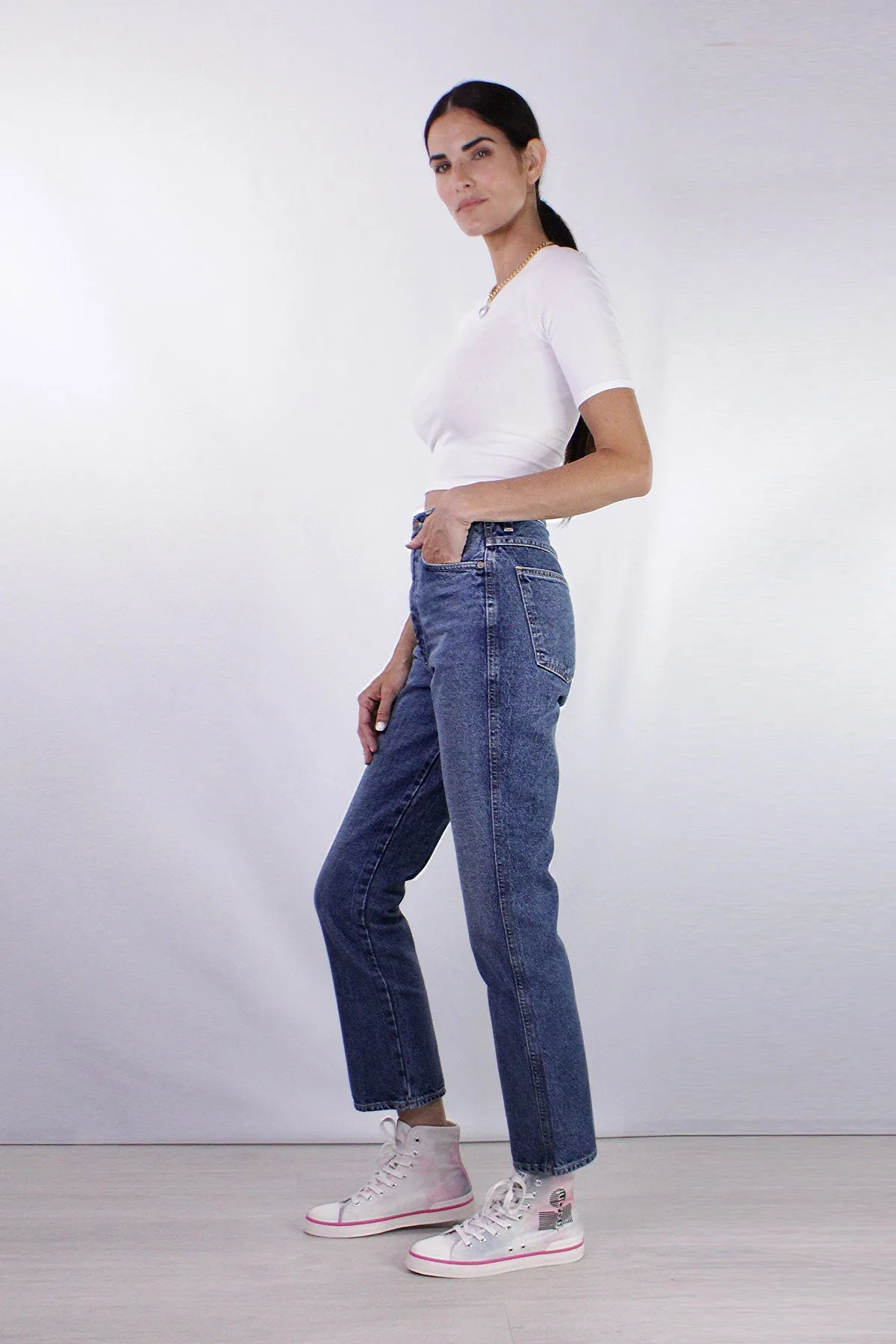 Silk Rib Cropped Half Sleeve Crew in White