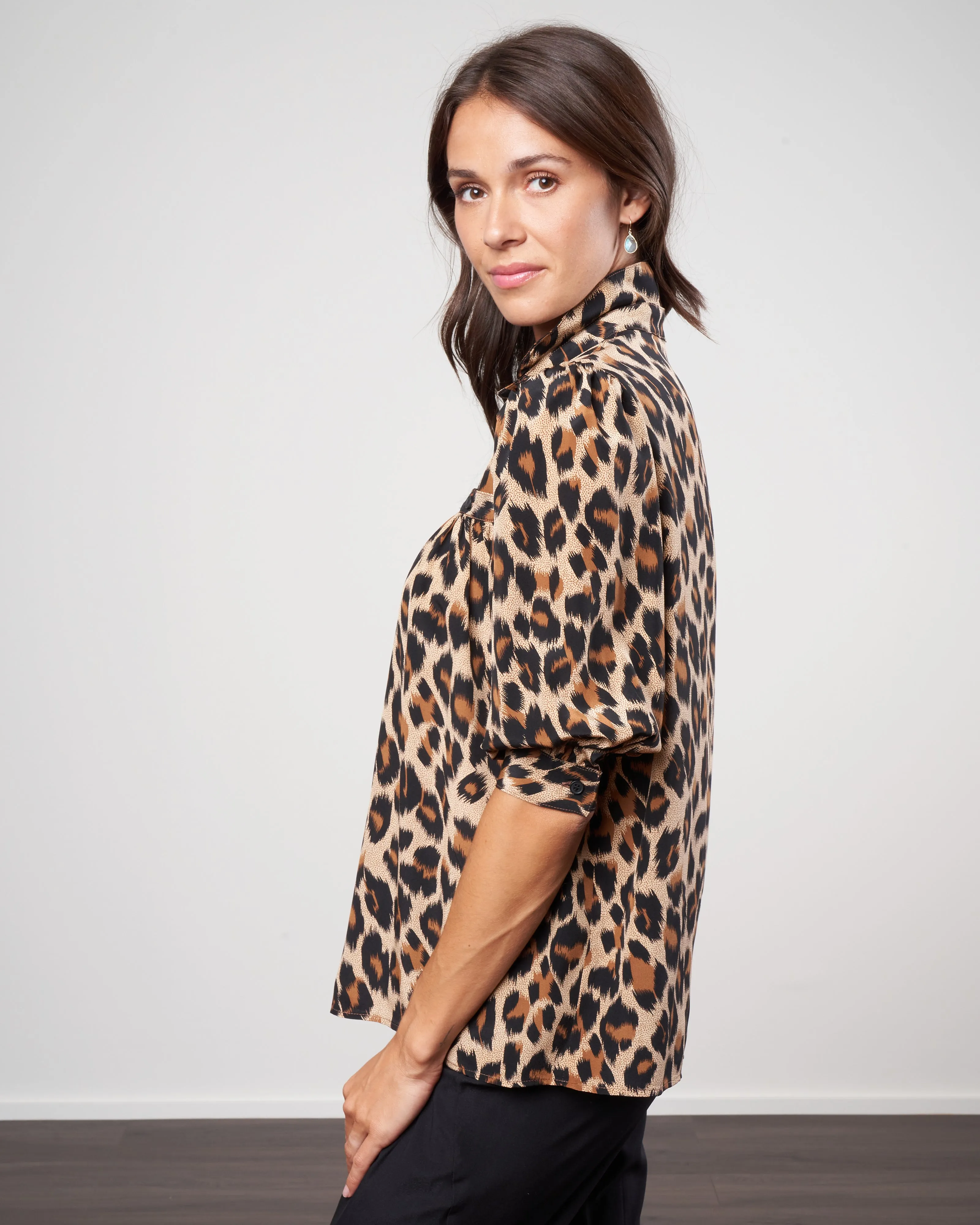 silk shirred pocket blouse - brushstroke leopard