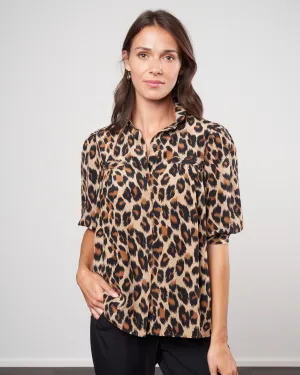silk shirred pocket blouse - brushstroke leopard