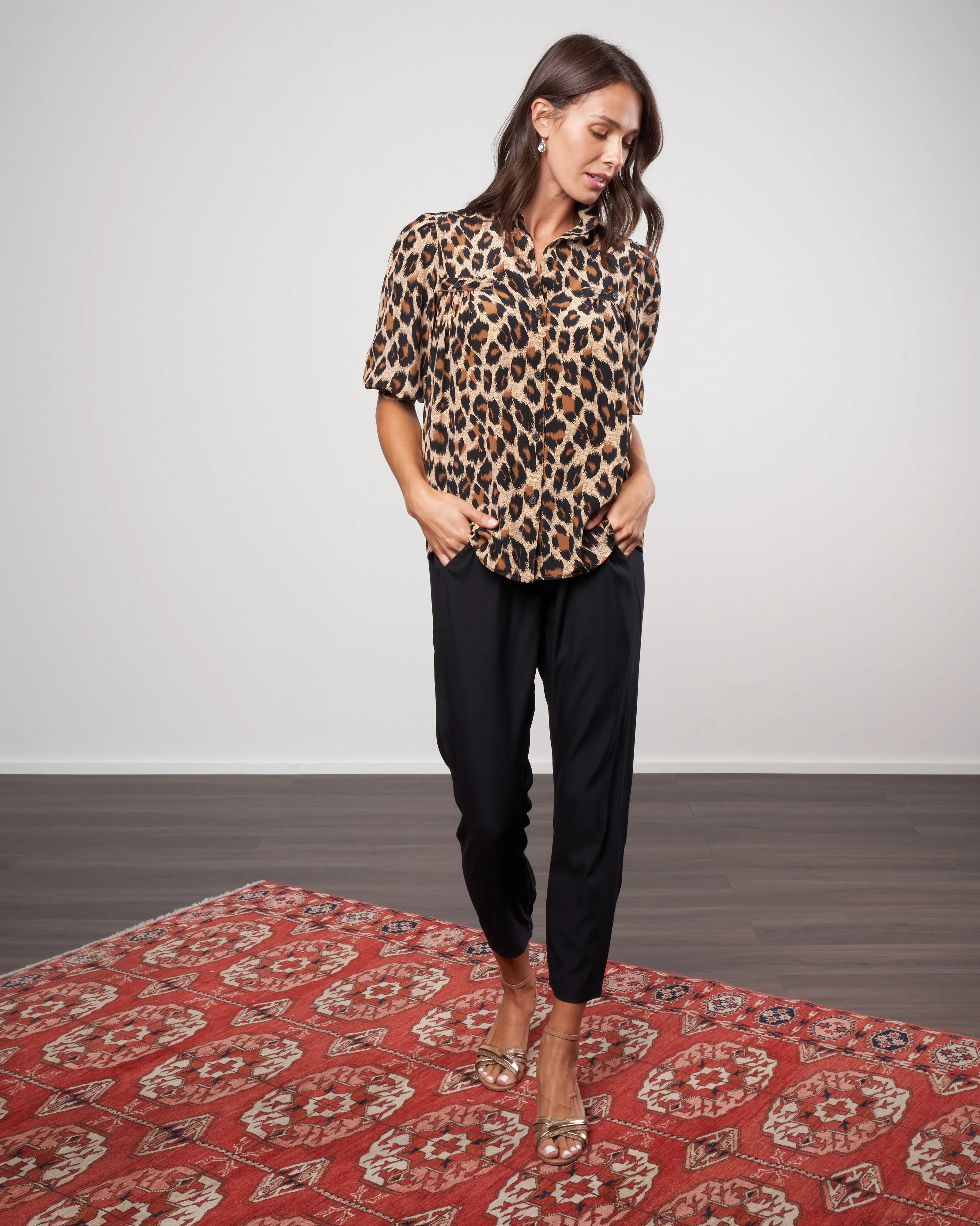 silk shirred pocket blouse - brushstroke leopard