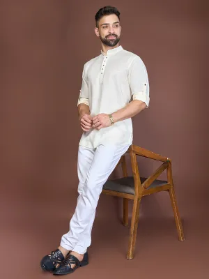 Silk Short Kurta with Mandarin Collar for Men in Off-White Colour