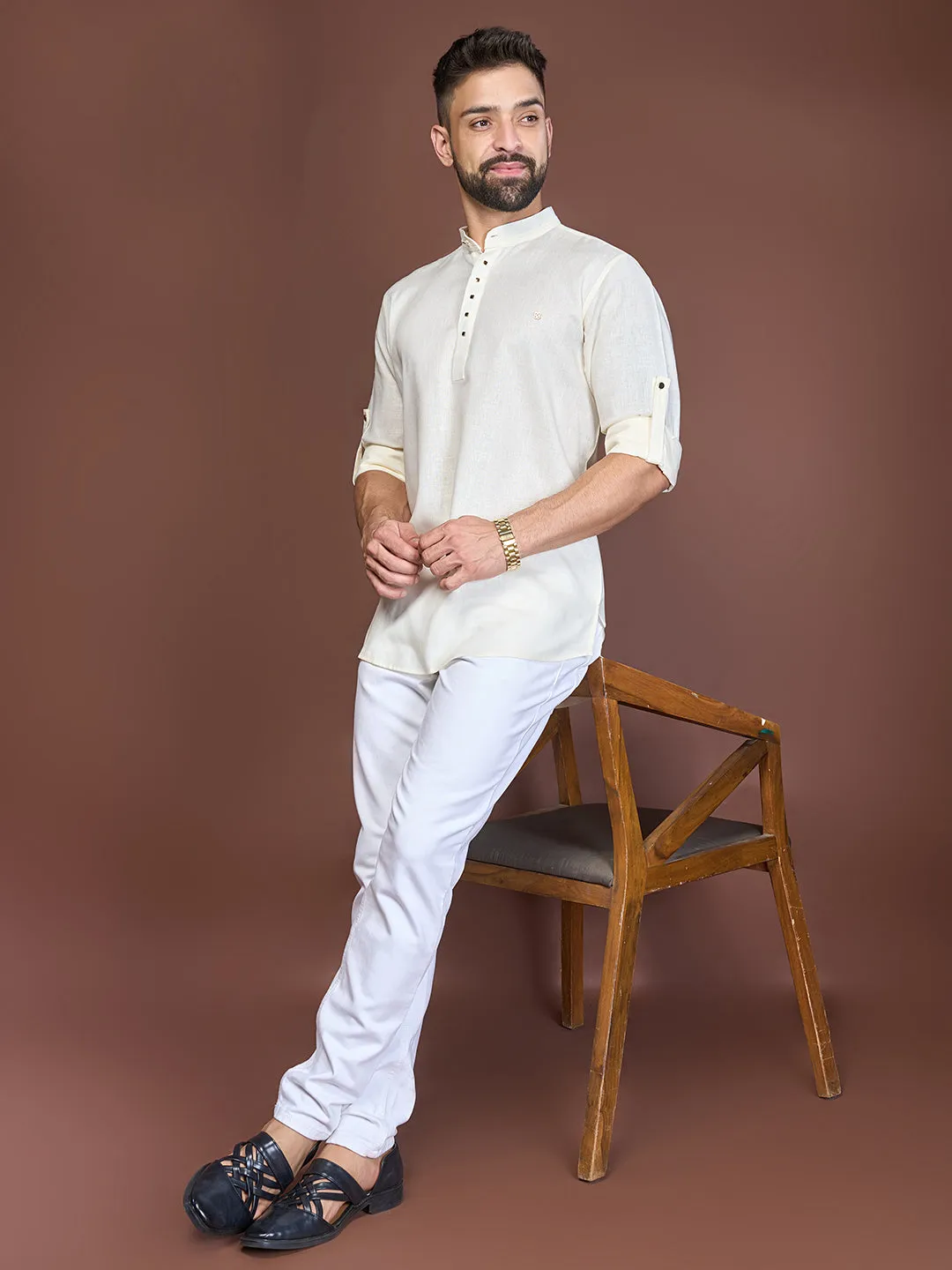 Silk Short Kurta with Mandarin Collar for Men in Off-White Colour