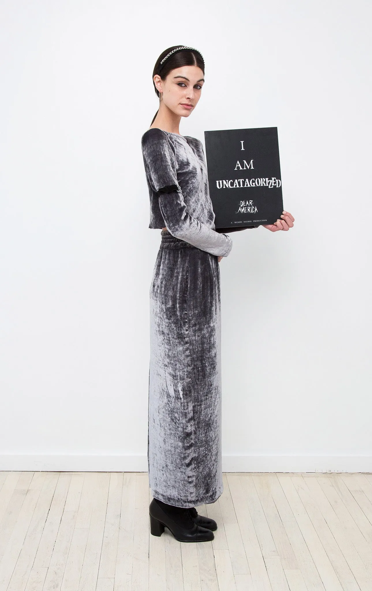Silk Velvet Long Sleeve Crop Top & Ruche Waist Long Silk Velvet Skirt