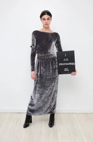 Silk Velvet Long Sleeve Crop Top & Ruche Waist Long Silk Velvet Skirt