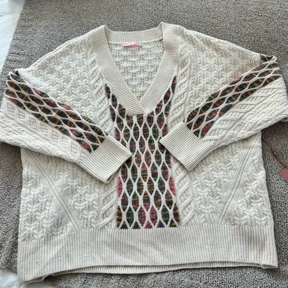 Size Large Dex Bros Cream/Rainbow Cable Knit Sweater