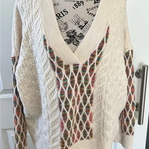 Size Large Dex Bros Cream/Rainbow Cable Knit Sweater