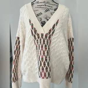 Size Large Dex Bros Cream/Rainbow Cable Knit Sweater