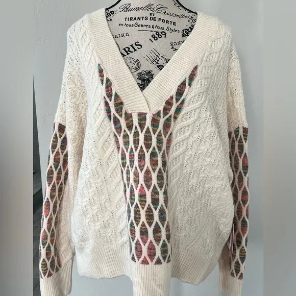 Size Large Dex Bros Cream/Rainbow Cable Knit Sweater