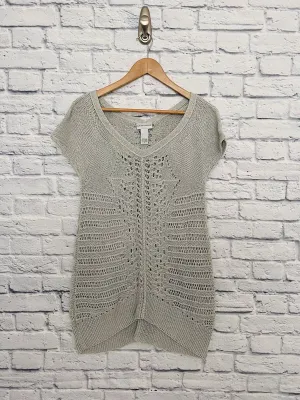 SOFT SURROUNDINGS Crochet Sweater Sz Petite L Gray Short Sleeve Open Knit Long
