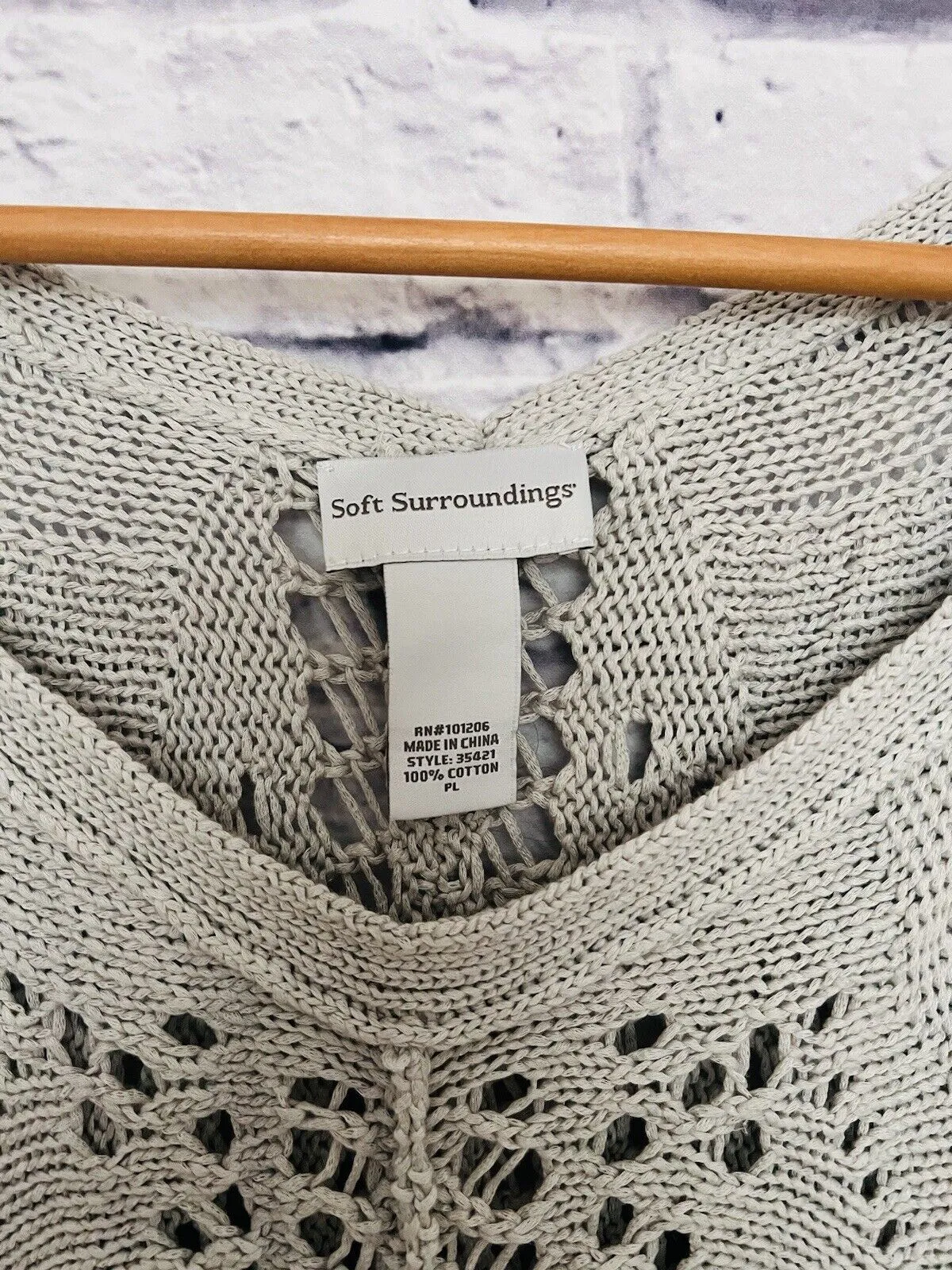 SOFT SURROUNDINGS Crochet Sweater Sz Petite L Gray Short Sleeve Open Knit Long