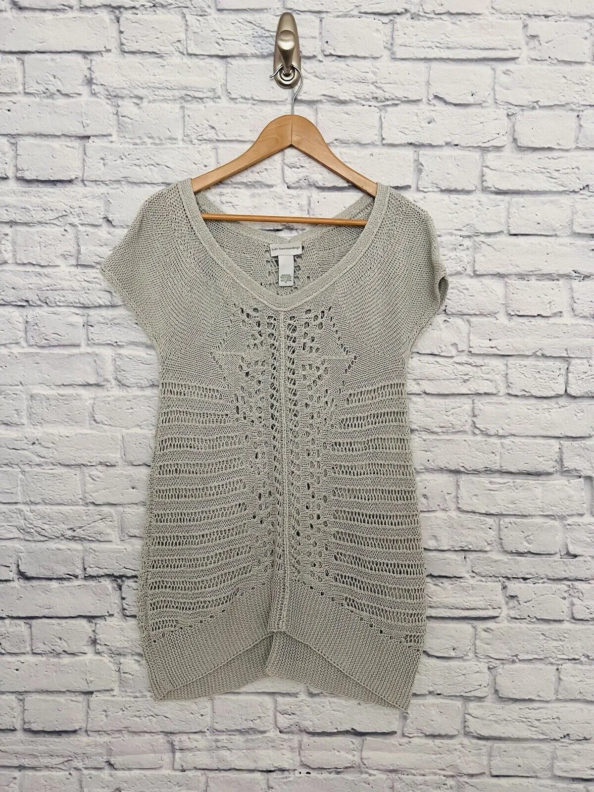 SOFT SURROUNDINGS Crochet Sweater Sz Petite L Gray Short Sleeve Open Knit Long