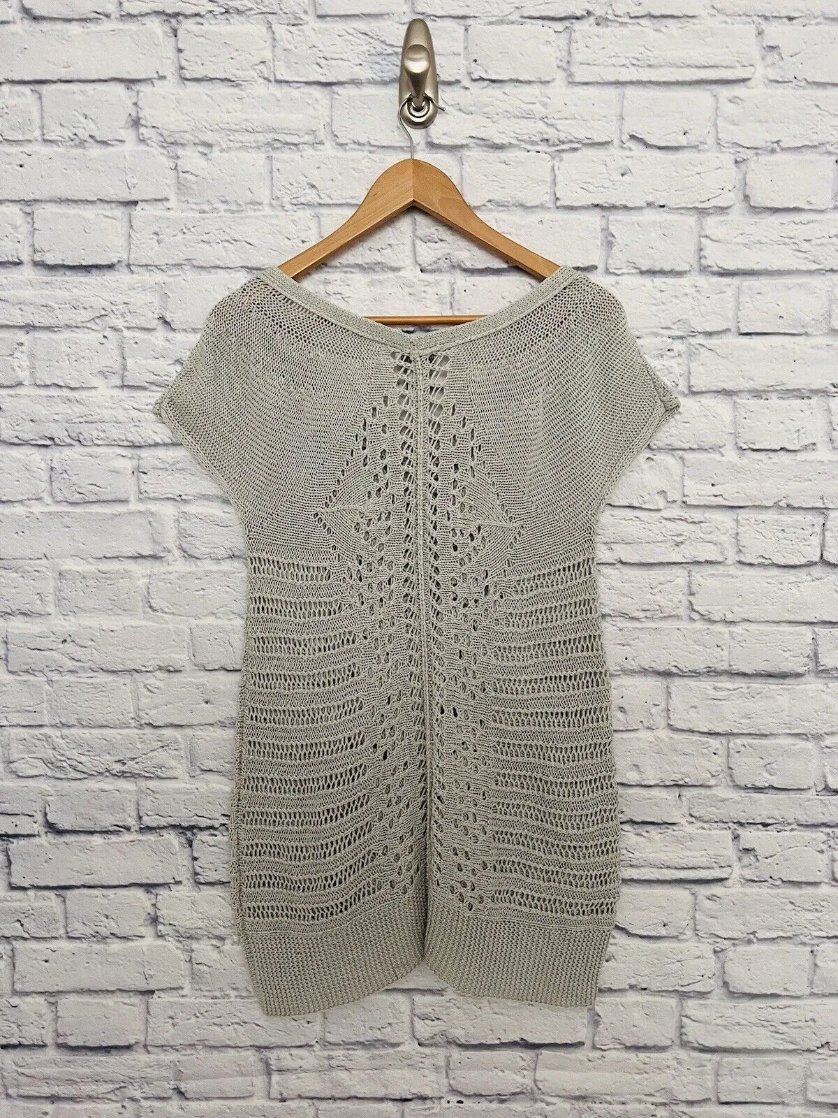 SOFT SURROUNDINGS Crochet Sweater Sz Petite L Gray Short Sleeve Open Knit Long