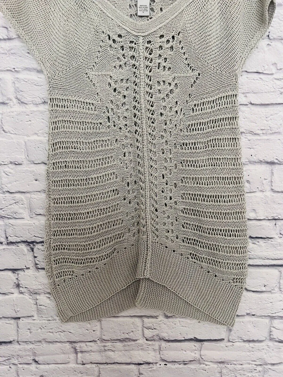SOFT SURROUNDINGS Crochet Sweater Sz Petite L Gray Short Sleeve Open Knit Long