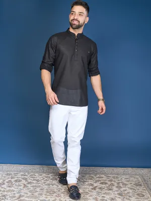 Solid Black Casual Short Kurta for Men In Silk.
