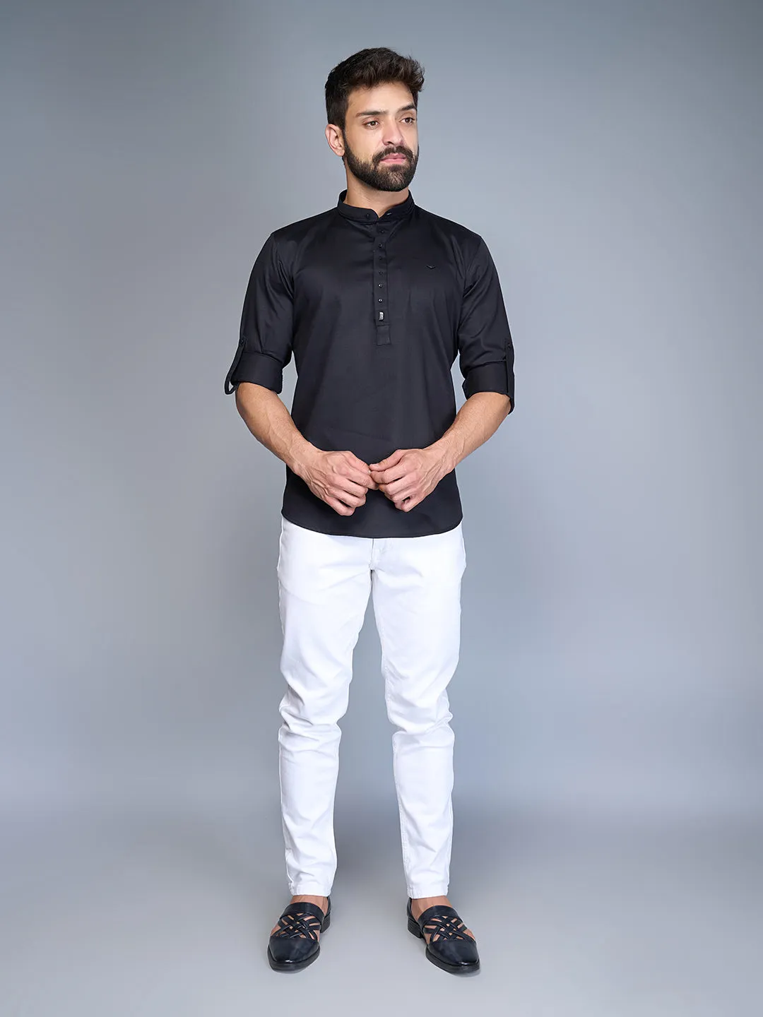 Solid Black Rolled-up Sleeves Short Silk Kurta