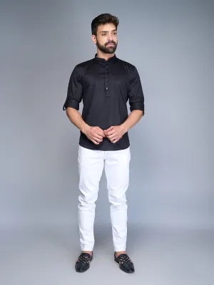 Solid Black Rolled-up Sleeves Short Silk Kurta