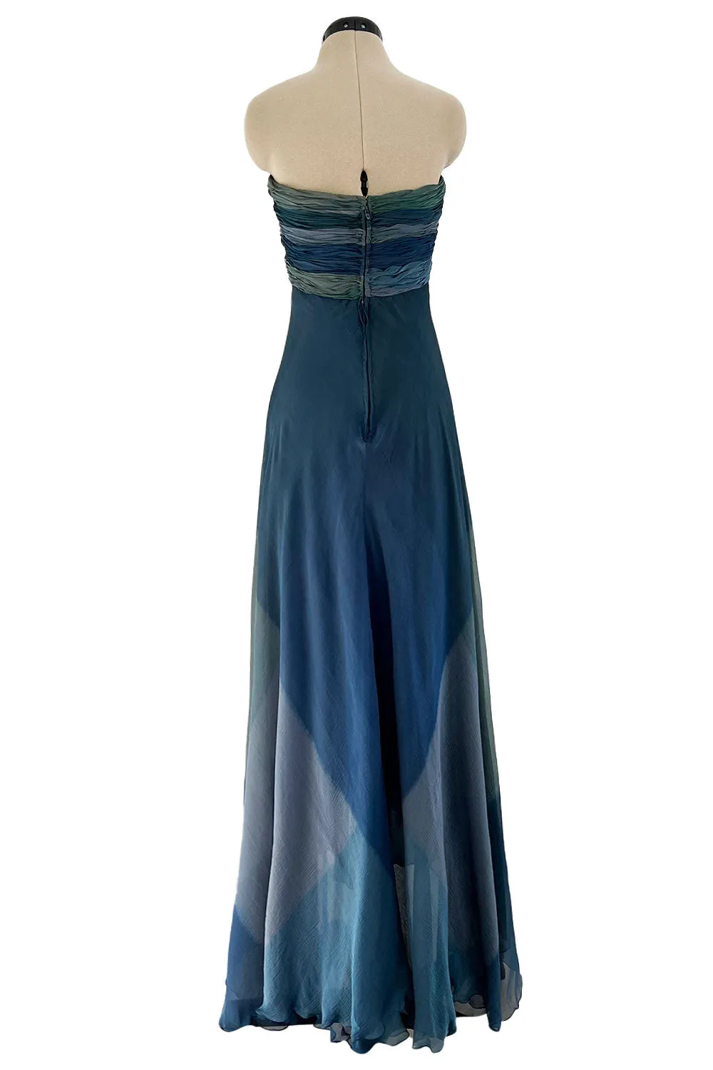 Spring 1990 Oscar De La Renta Ocean Blues Silk Chiffon Strapless Dress w Gathered Bodice
