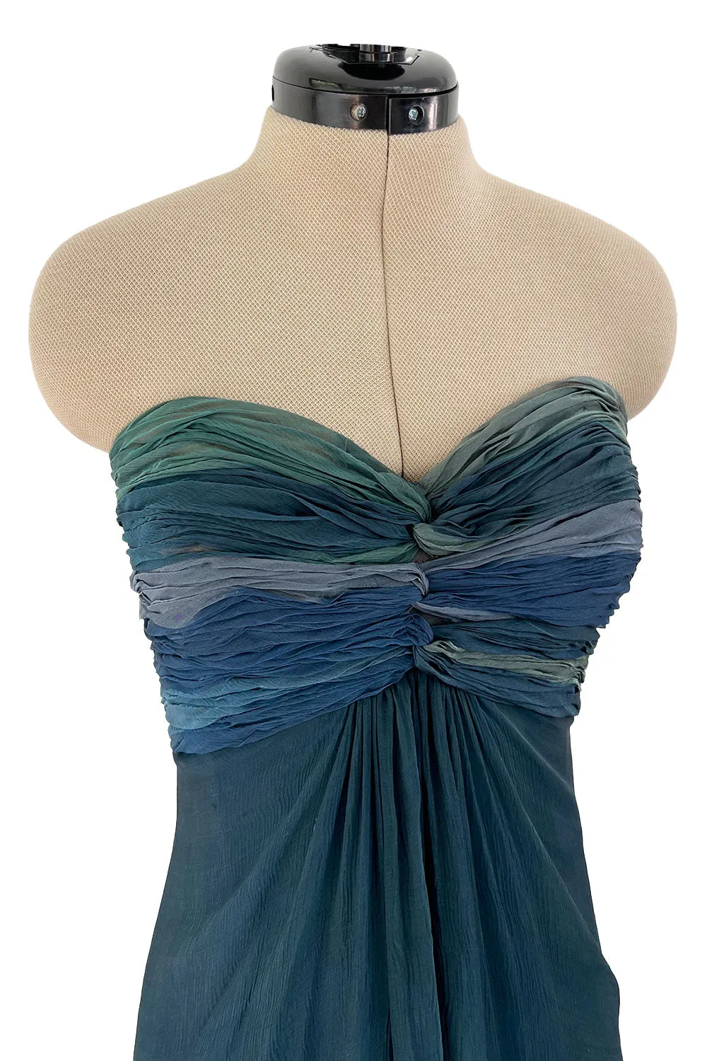 Spring 1990 Oscar De La Renta Ocean Blues Silk Chiffon Strapless Dress w Gathered Bodice