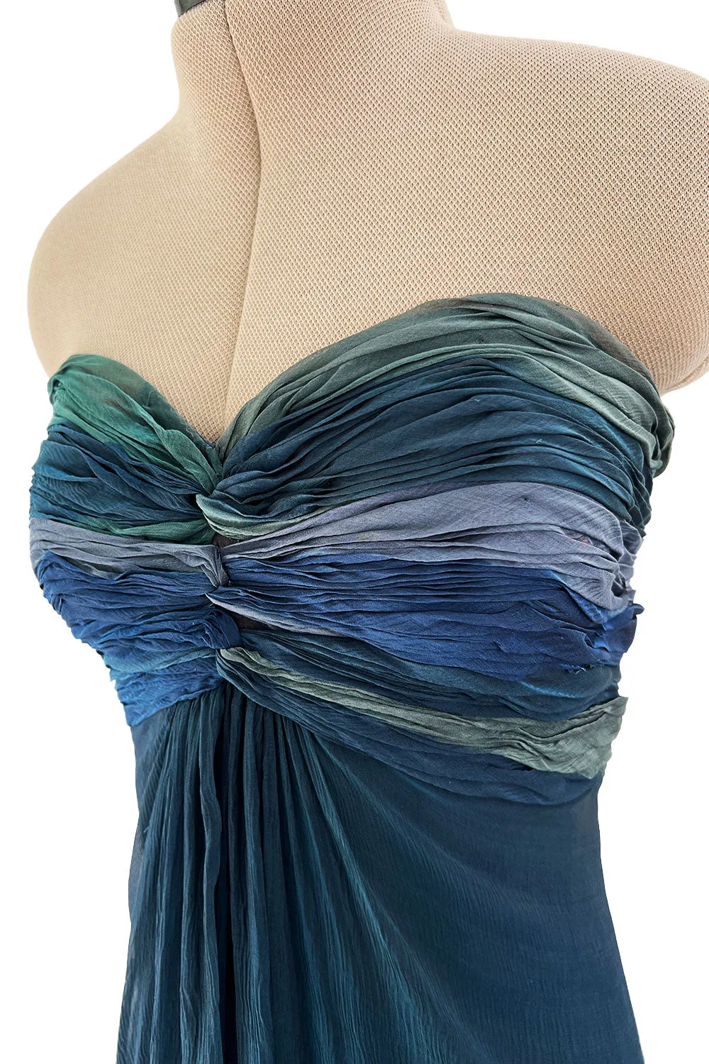 Spring 1990 Oscar De La Renta Ocean Blues Silk Chiffon Strapless Dress w Gathered Bodice