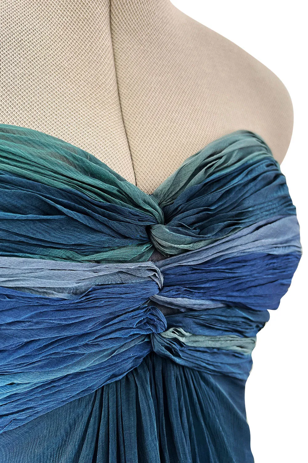 Spring 1990 Oscar De La Renta Ocean Blues Silk Chiffon Strapless Dress w Gathered Bodice