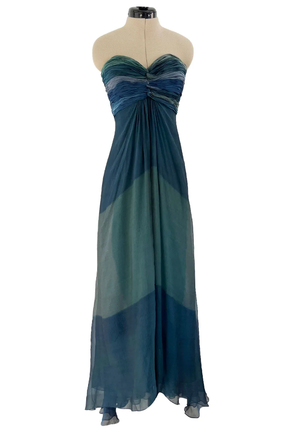 Spring 1990 Oscar De La Renta Ocean Blues Silk Chiffon Strapless Dress w Gathered Bodice