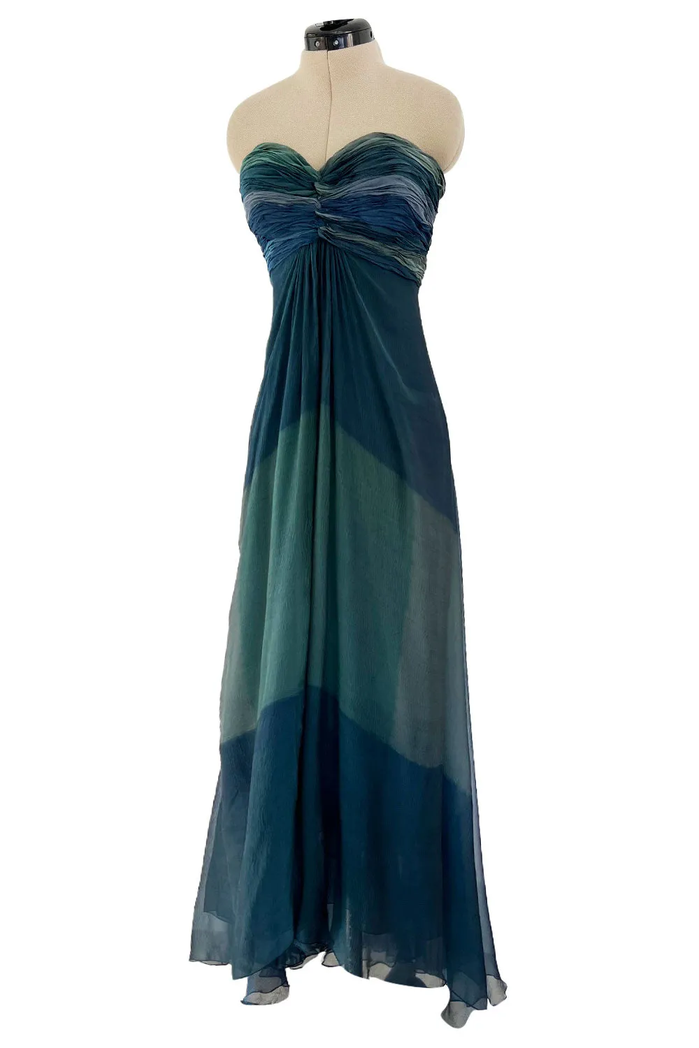 Spring 1990 Oscar De La Renta Ocean Blues Silk Chiffon Strapless Dress w Gathered Bodice