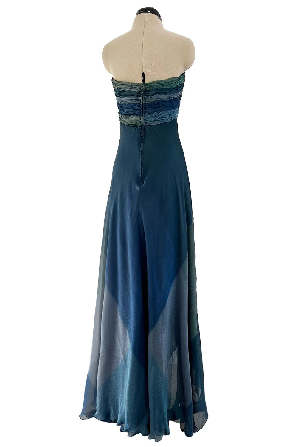 Spring 1990 Oscar De La Renta Ocean Blues Silk Chiffon Strapless Dress w Gathered Bodice