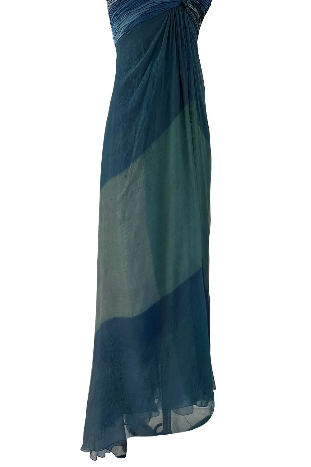 Spring 1990 Oscar De La Renta Ocean Blues Silk Chiffon Strapless Dress w Gathered Bodice
