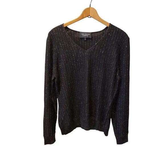 St. John Couture Womens V Neck Black Gold Long Sleeve Sweater Size Large Classic