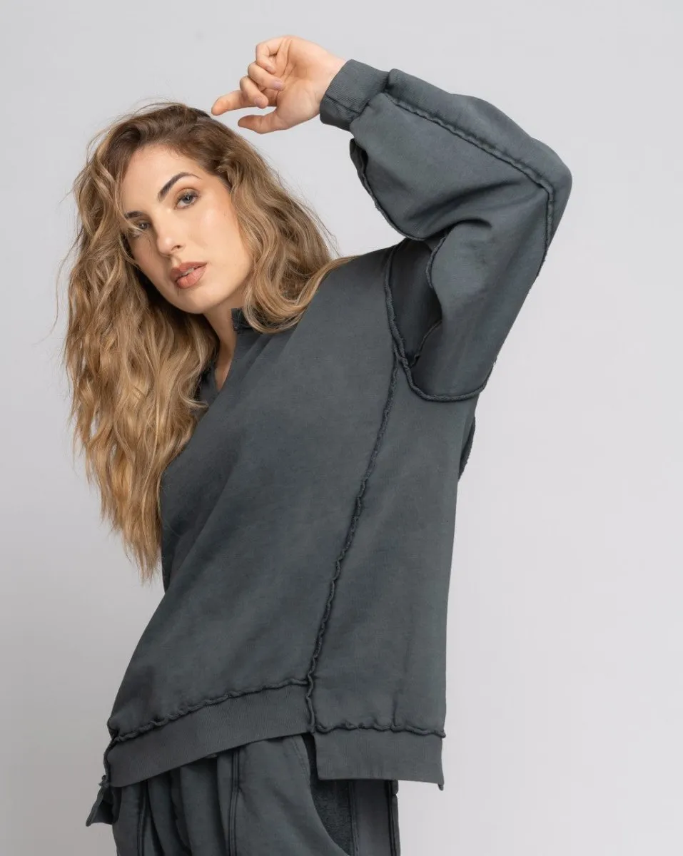 Stonewash Godet Seamed V-Neck Sweatshirt