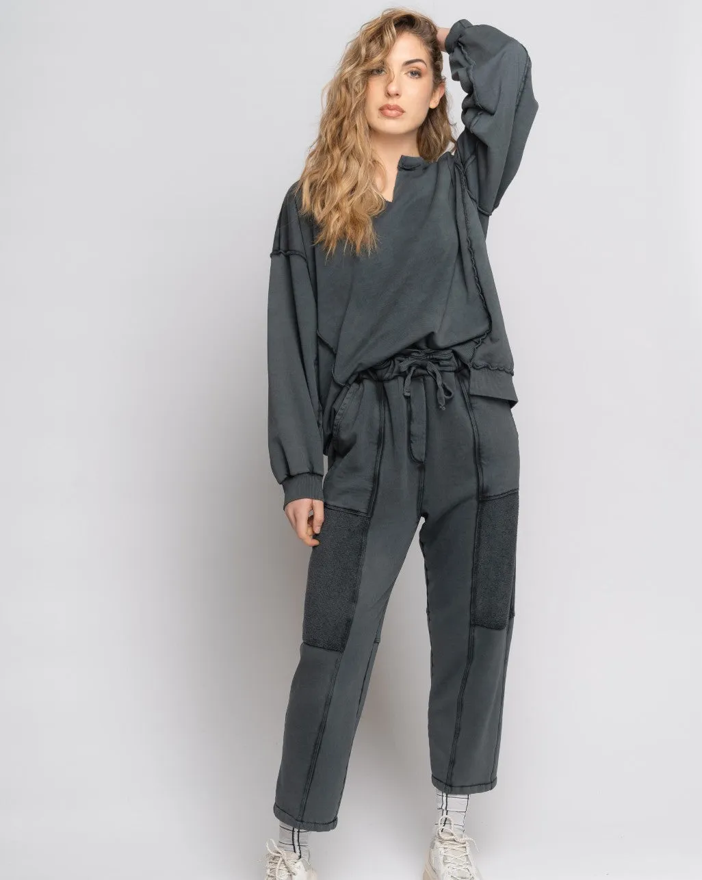 Stonewash Godet Seamed V-Neck Sweatshirt