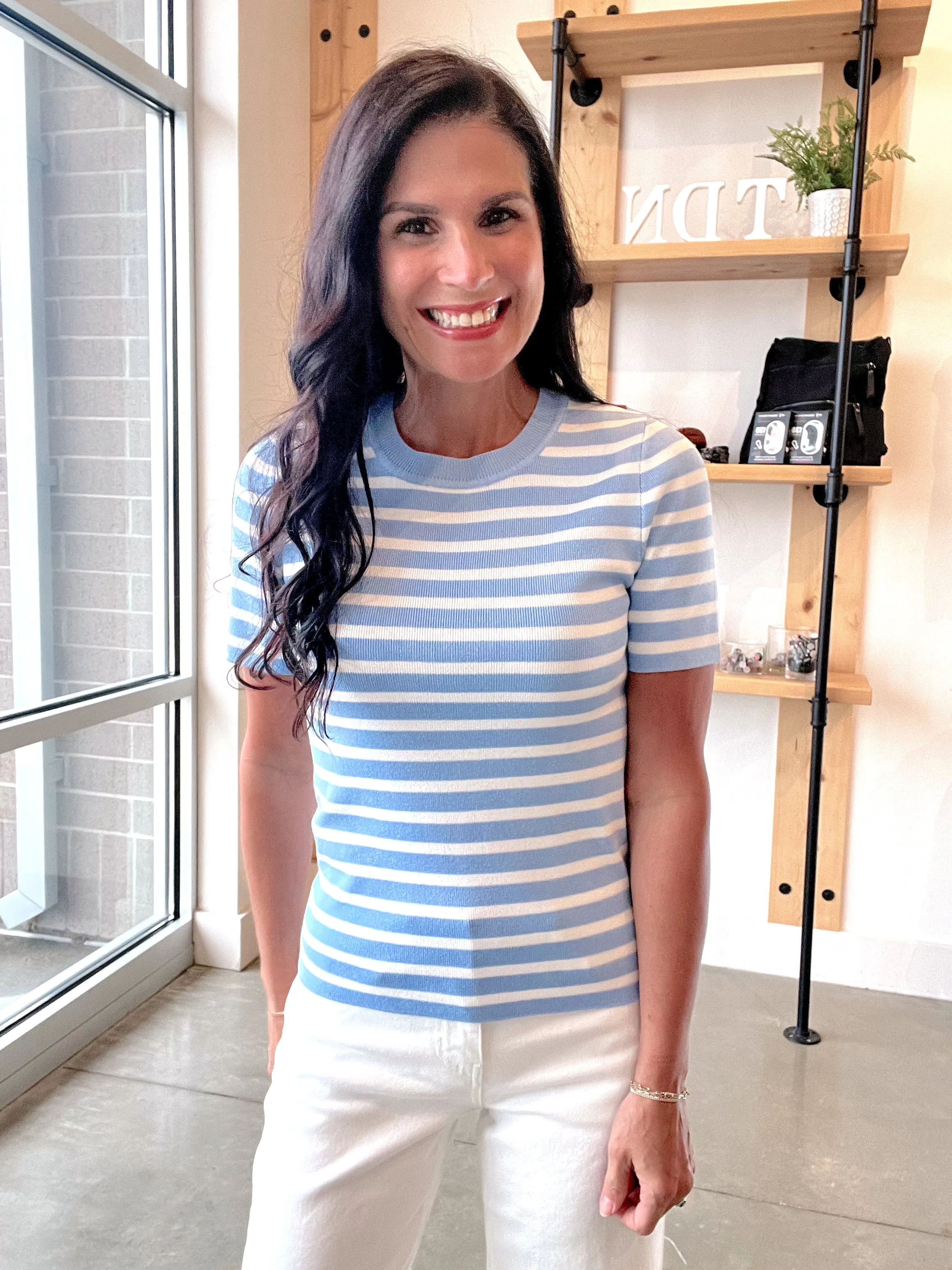 Striped Crewneck Short Sleeve Sweater in Sky