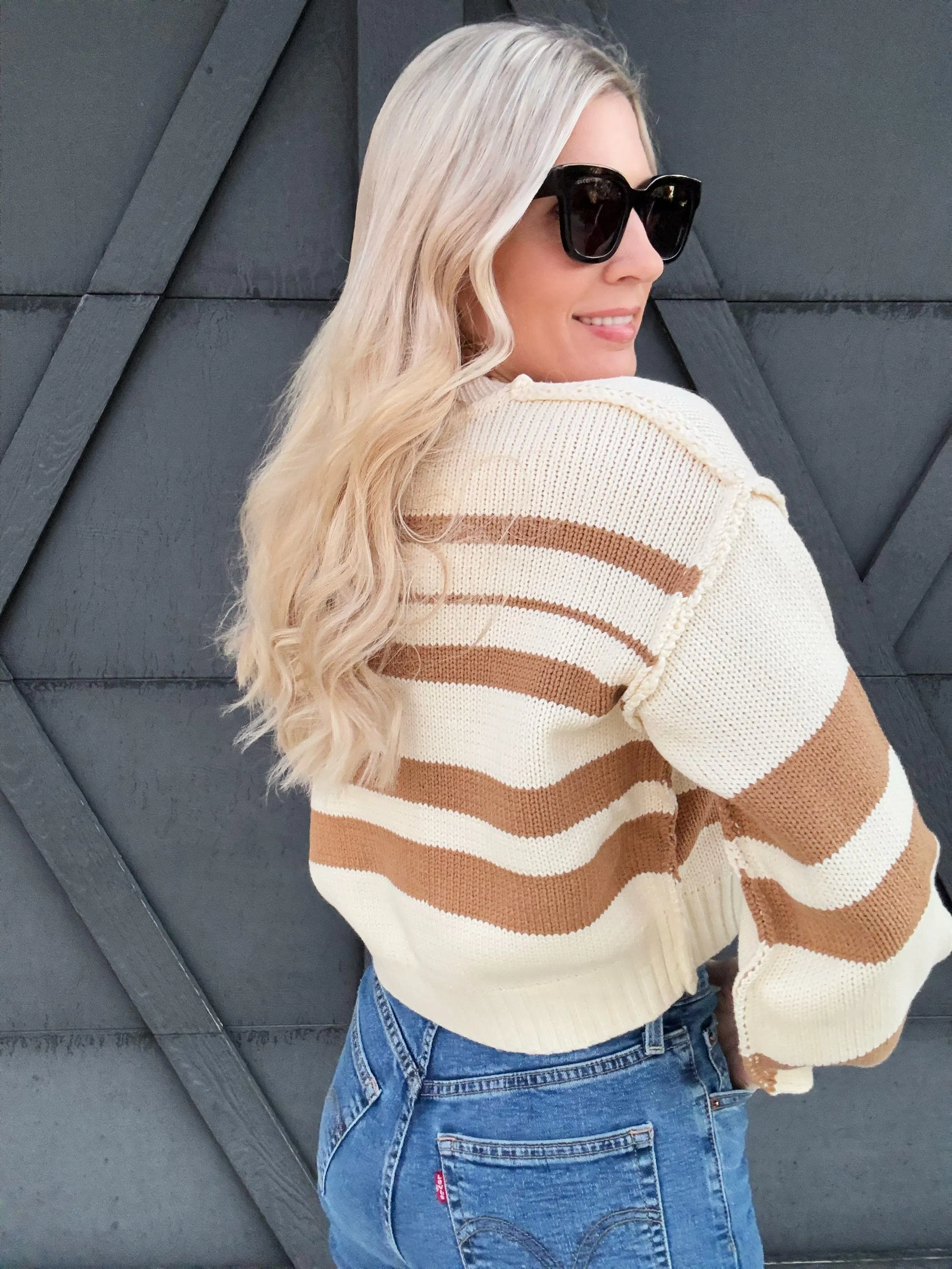 Striped Cropped V Neck Sweater In Coconut