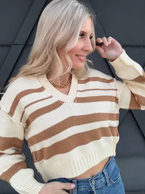 Striped Cropped V Neck Sweater In Coconut