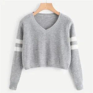 Striped V-Neck Crop Sweater