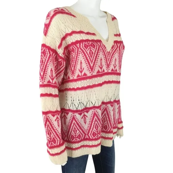 Sundance Brixen Fair Isle V-Neck Sweater Size M Wool Blend Pointelle Pink White