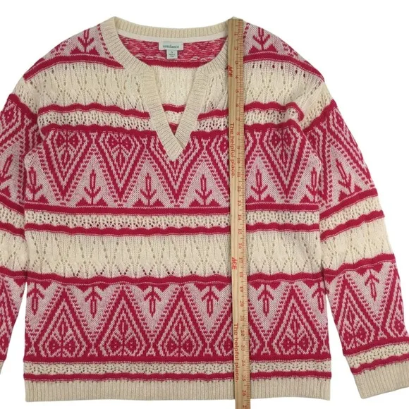 Sundance Brixen Fair Isle V-Neck Sweater Size M Wool Blend Pointelle Pink White