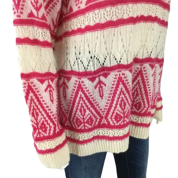 Sundance Brixen Fair Isle V-Neck Sweater Size M Wool Blend Pointelle Pink White