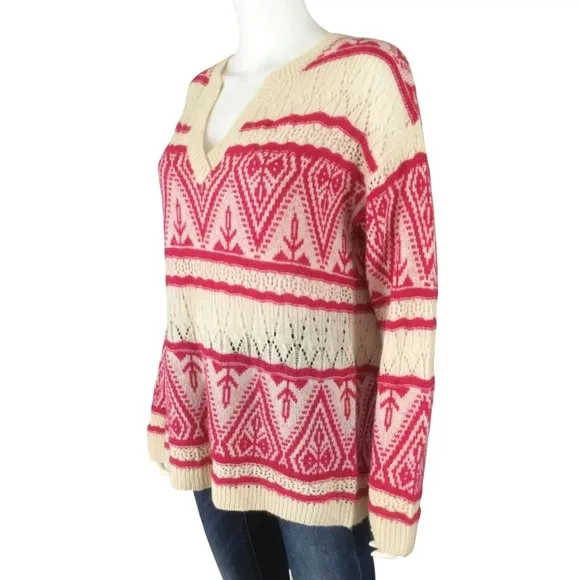 Sundance Brixen Fair Isle V-Neck Sweater Size M Wool Blend Pointelle Pink White