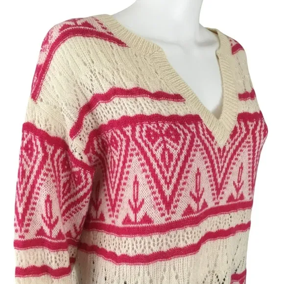 Sundance Brixen Fair Isle V-Neck Sweater Size M Wool Blend Pointelle Pink White