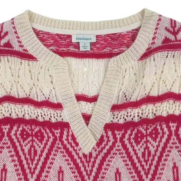 Sundance Brixen Fair Isle V-Neck Sweater Size M Wool Blend Pointelle Pink White