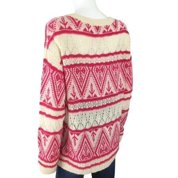 Sundance Brixen Fair Isle V-Neck Sweater Size M Wool Blend Pointelle Pink White