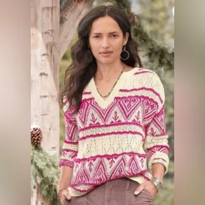 Sundance Brixen Fair Isle V-Neck Sweater Size M Wool Blend Pointelle Pink White
