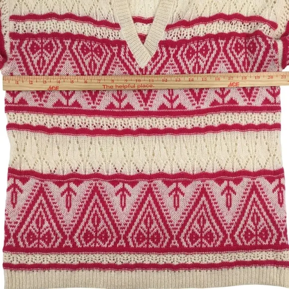 Sundance Brixen Fair Isle V-Neck Sweater Size M Wool Blend Pointelle Pink White