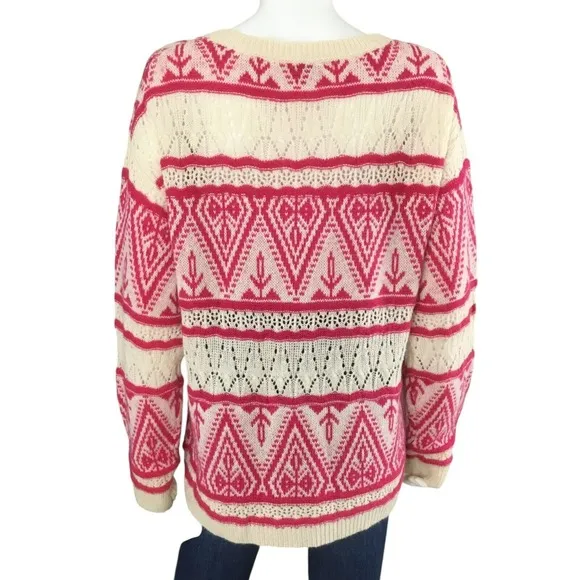 Sundance Brixen Fair Isle V-Neck Sweater Size M Wool Blend Pointelle Pink White