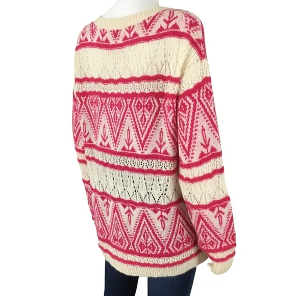 Sundance Brixen Fair Isle V-Neck Sweater Size M Wool Blend Pointelle Pink White
