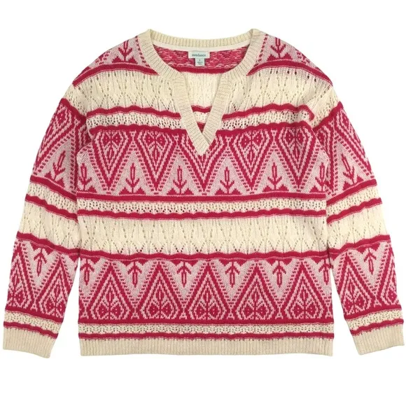 Sundance Brixen Fair Isle V-Neck Sweater Size M Wool Blend Pointelle Pink White